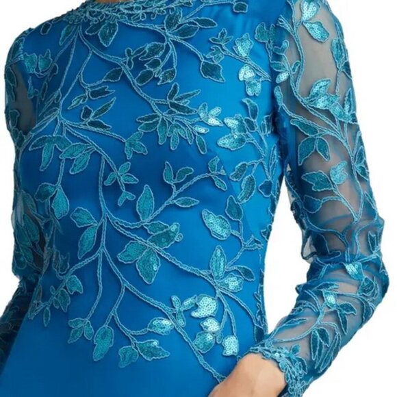 Tadashi Shoji Deep Ocean Blue Sequin Lace Long Sleeve Crepe Gown - Picture 7 of 7